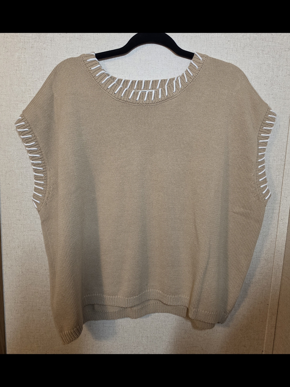 Zenana Oversized Soft Beige Sleeveless Knit Sweater with Contrast Stitching